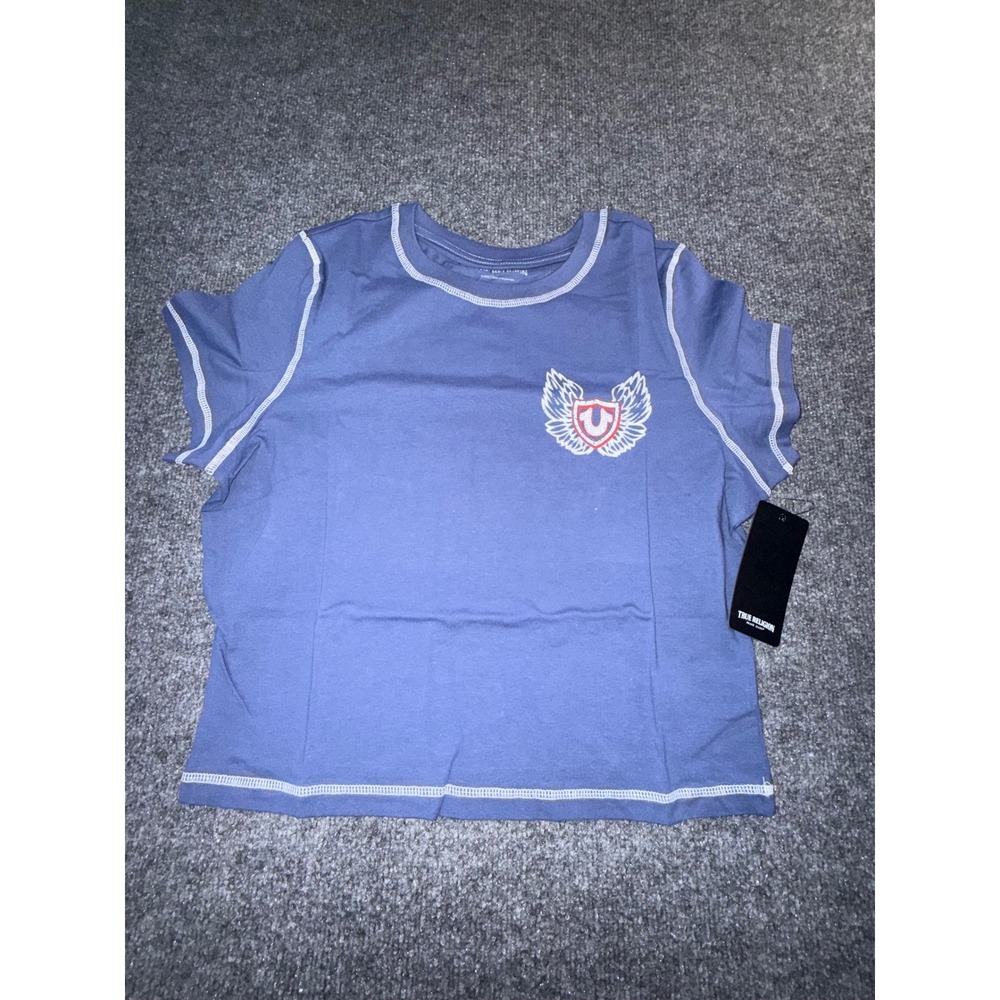 True Religion Womens Blue Contrast Stitch Winged Logo Baby Tee Crop Top XL NEW